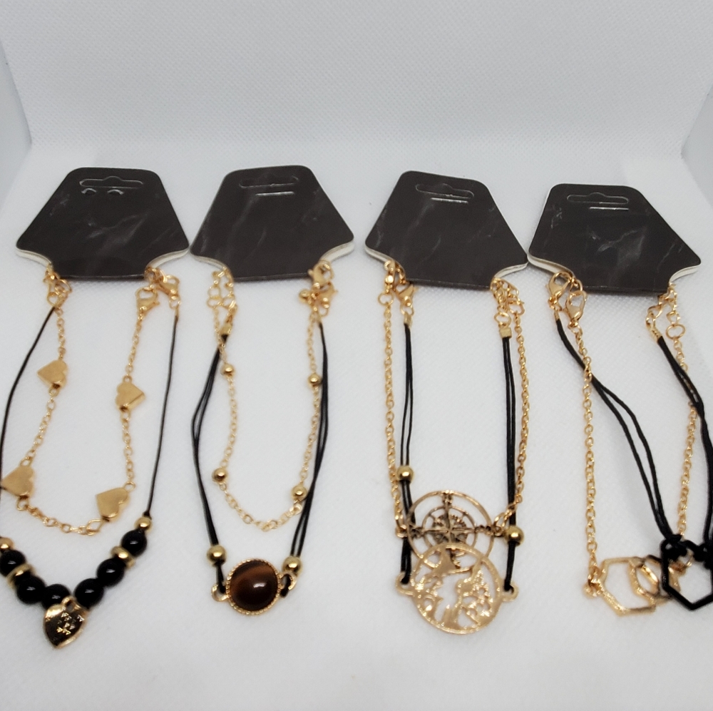 Gold Chain and Black Cord Bracelet Sets